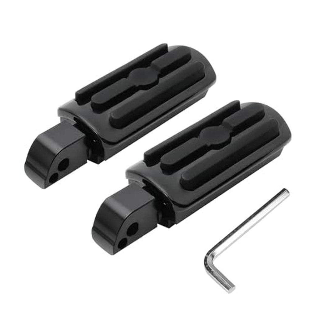 Pair of black motorcycle passenger foot pegs with mounting hardware and hex key