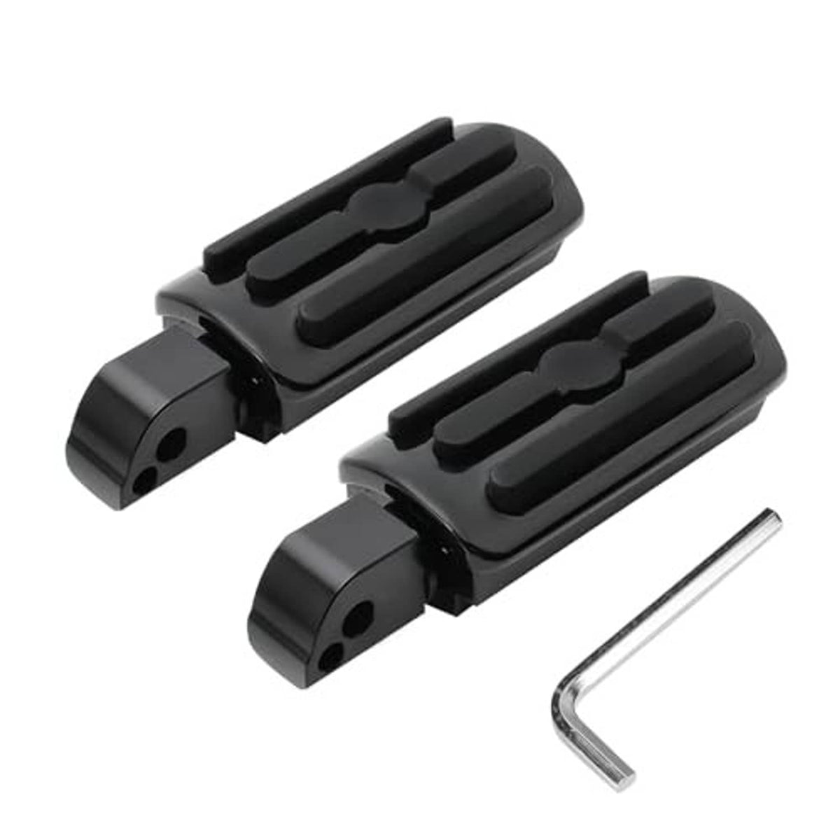 Pair of black motorcycle passenger foot pegs with mounting hardware and hex key