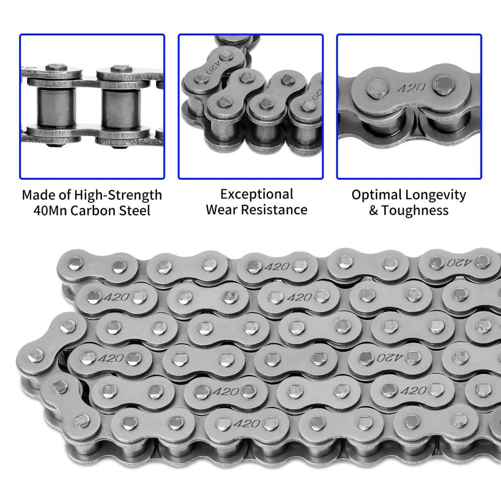 420 roller chain with metal link plates and side markings, close-up