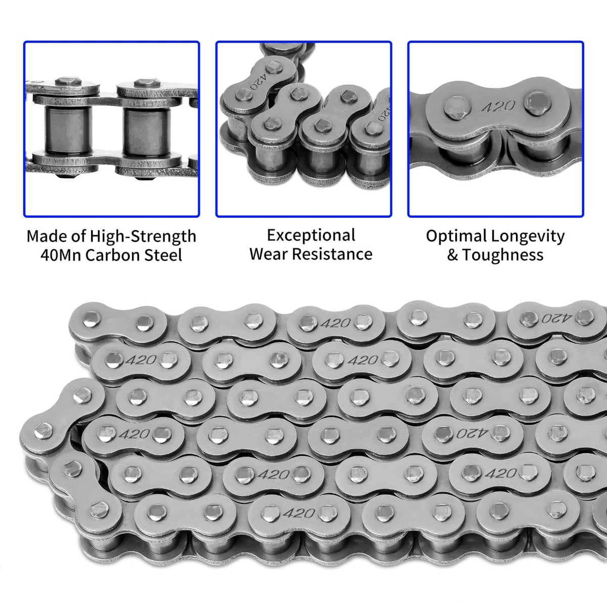 420 roller chain with metal link plates and side markings, close-up
