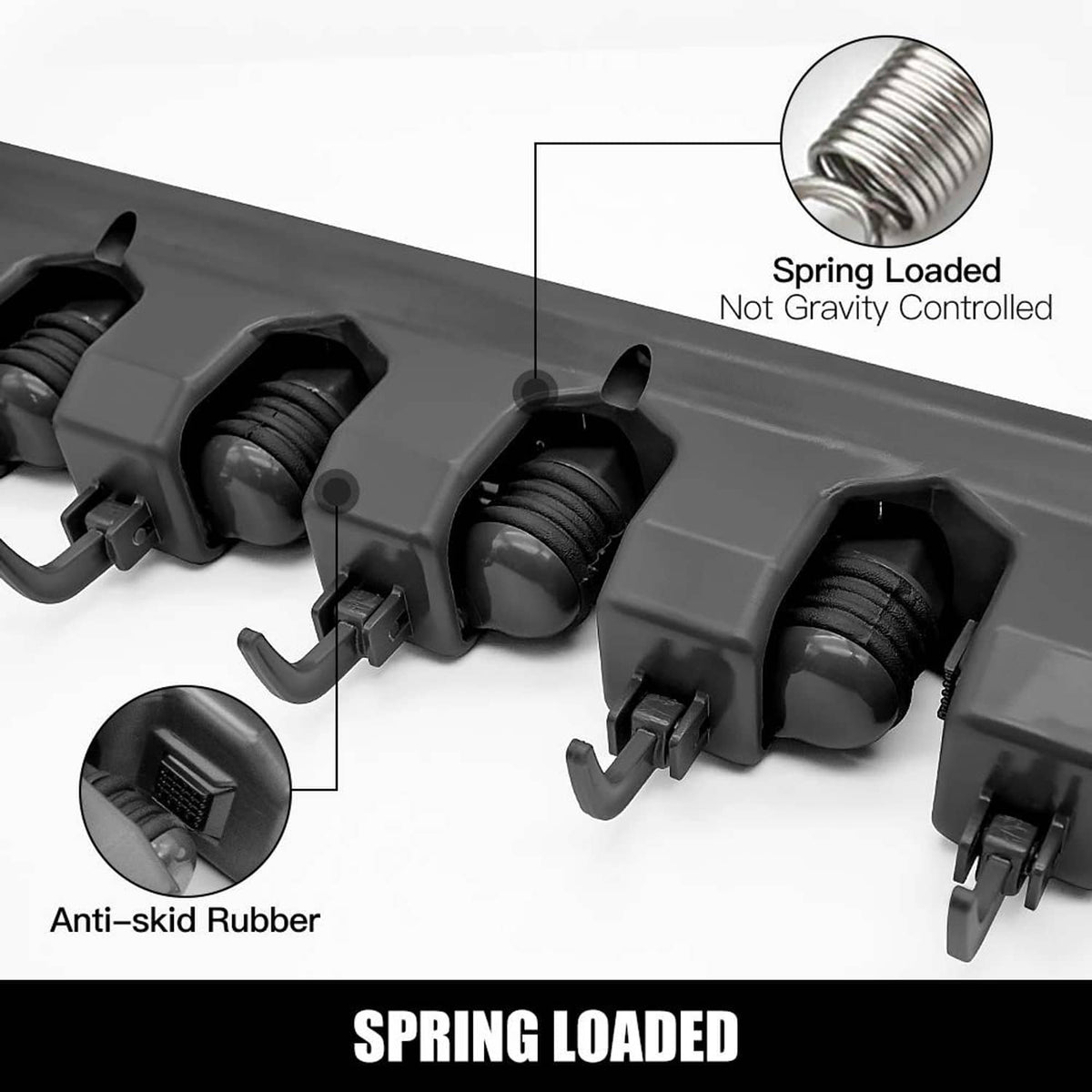 Spring-loaded wall mount holder with anti-skid rubber grips and multiple hooks