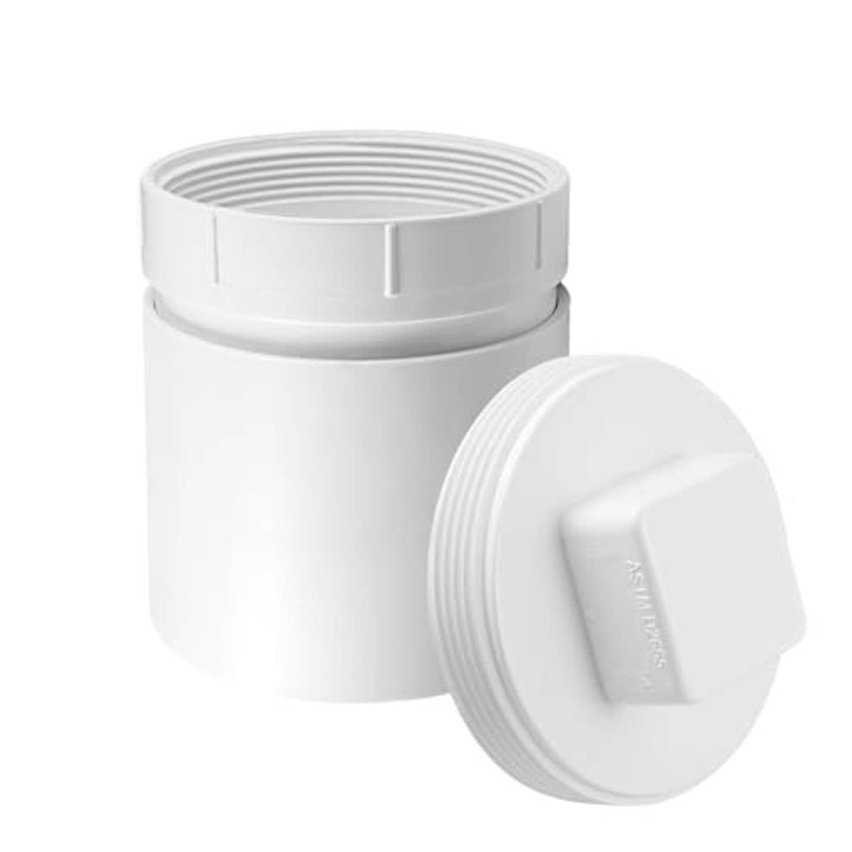 White PVC cleanout adapter with threaded female end and square plug cap
