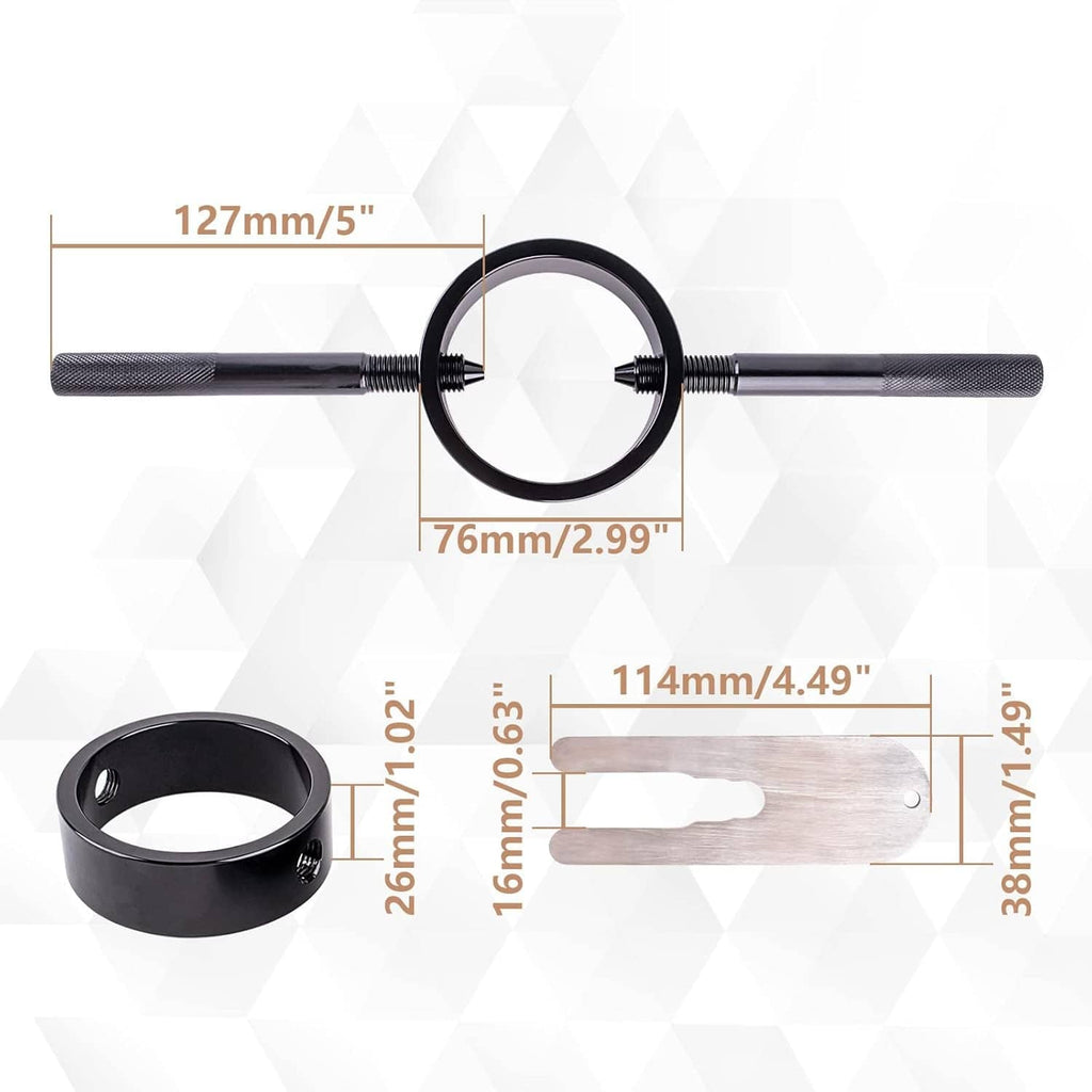 Motorcycle fork spring compressor and fork oil gauge tools with size measurements shown
