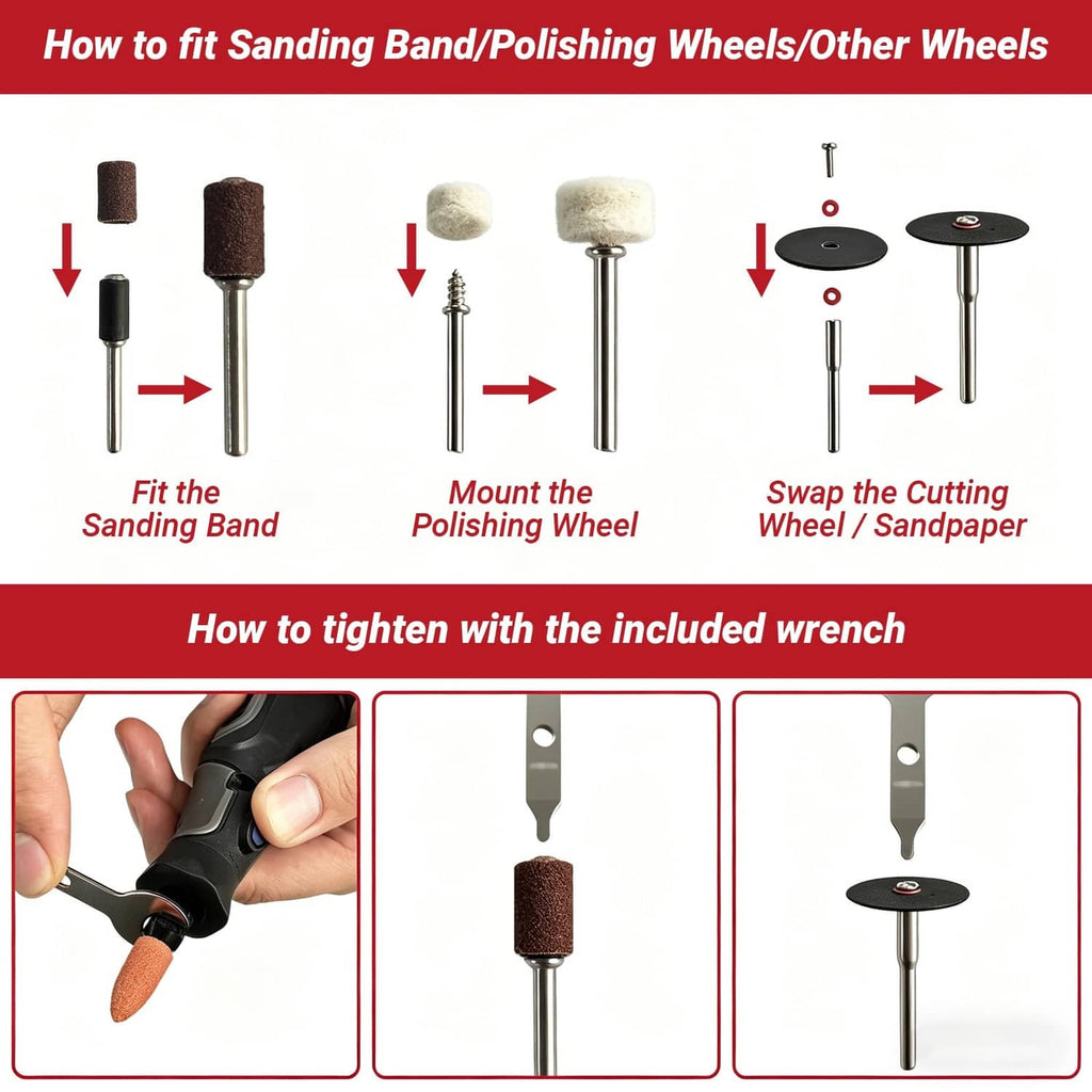 How-to guide for fitting sanding bands and polishing wheels using the included wrench