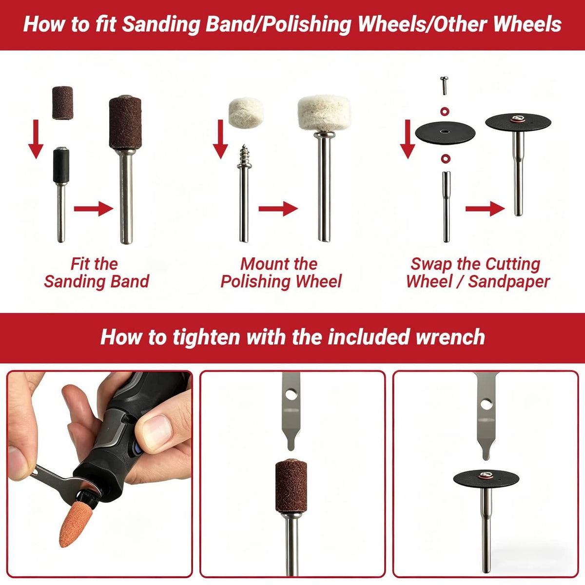 How-to guide for fitting sanding bands and polishing wheels using the included wrench