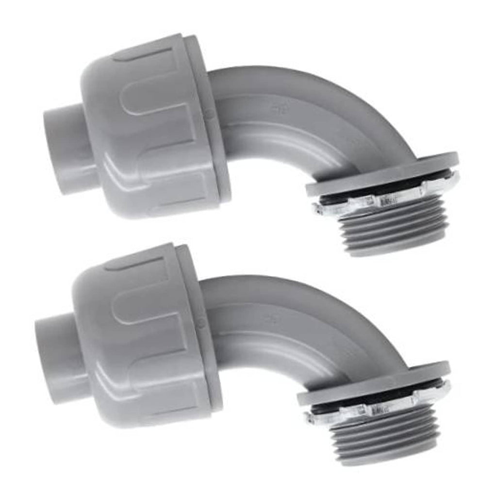 Gray 90-degree electrical conduit elbow connector, male threaded ends, 2-pack