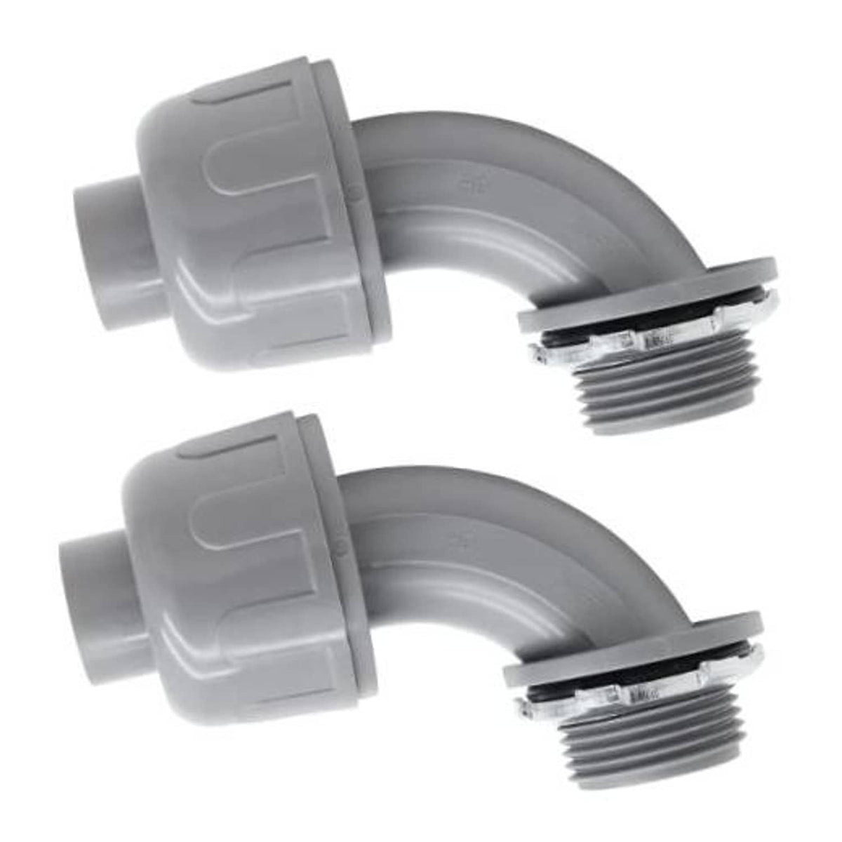 Gray 90-degree electrical conduit elbow connector, male threaded ends, 2-pack