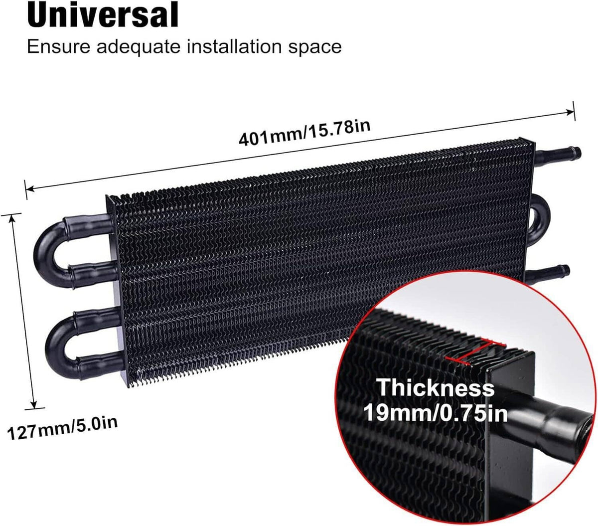 Transmission oil cooler with hose, shown with size and 19mm thickness detail