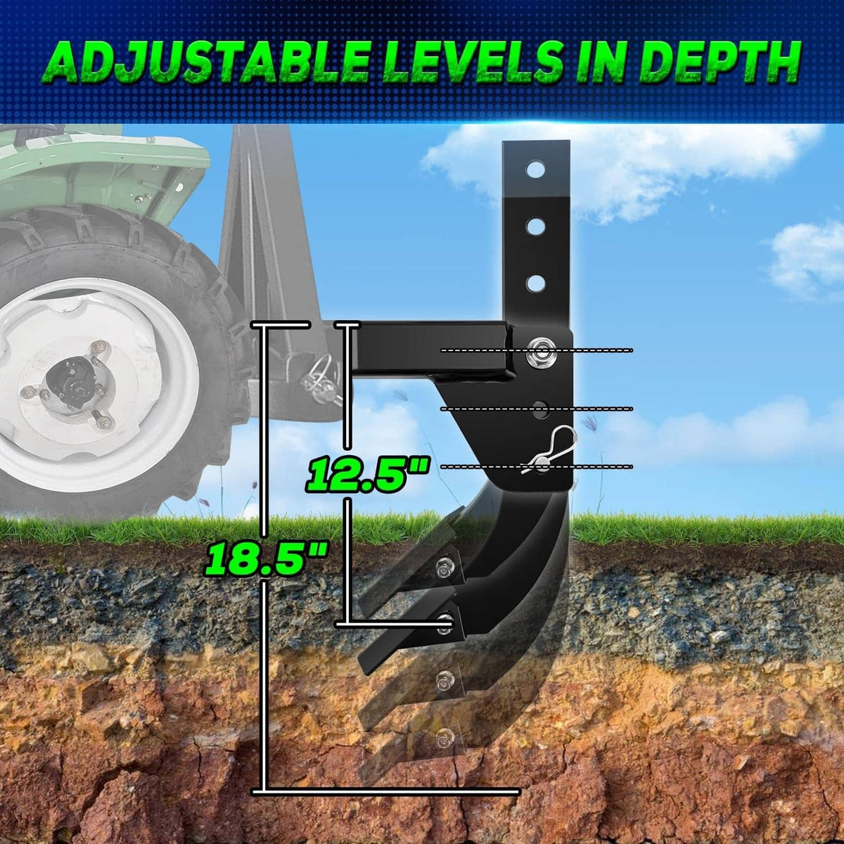 Adjustable-depth trencher ripper attachment with multiple mounting holes, black steel