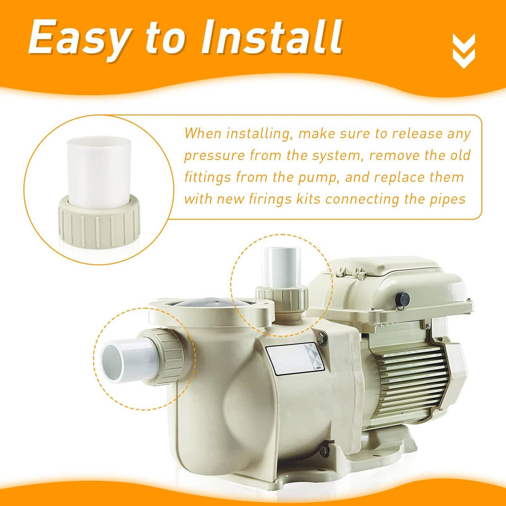 White PVC union kit parts shown together, including coupling and O-ring