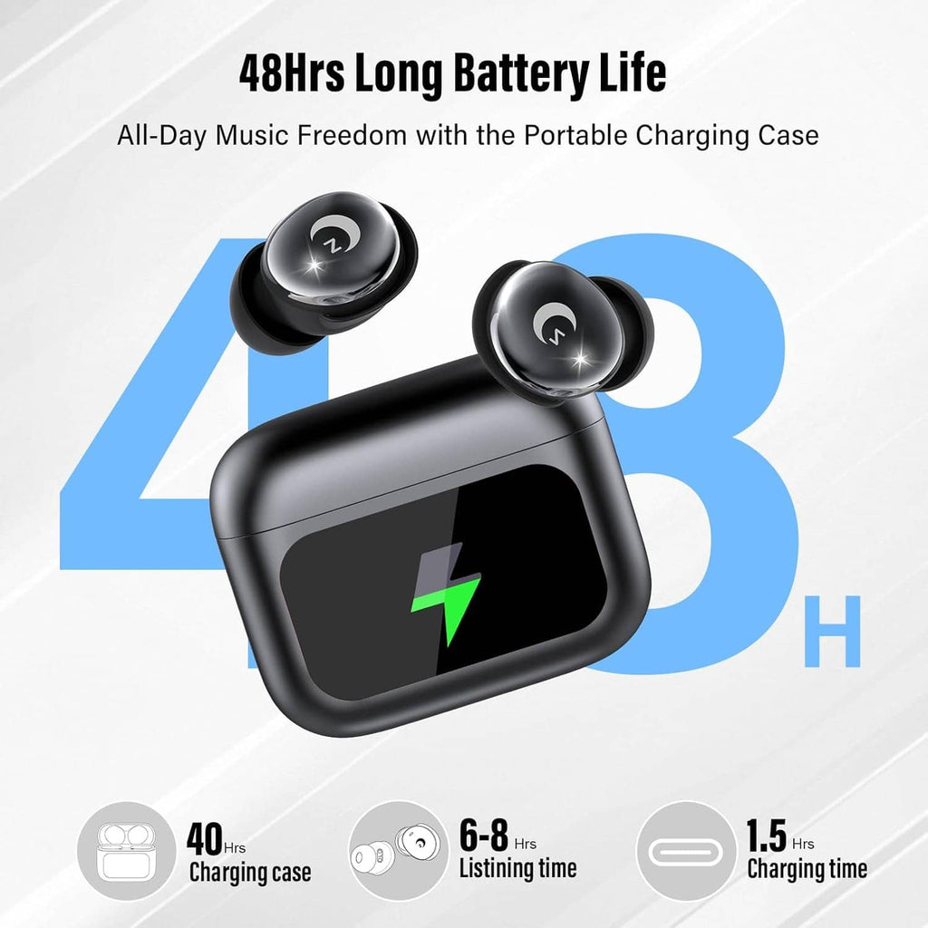 Black earbuds and charging case showing 48-hour battery concept with large blue 3