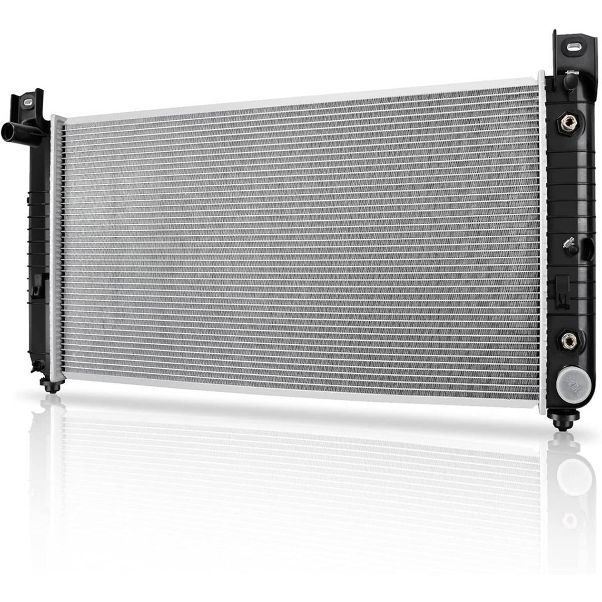 Silver cooling-finned radiator with black end brackets and round cap on right side