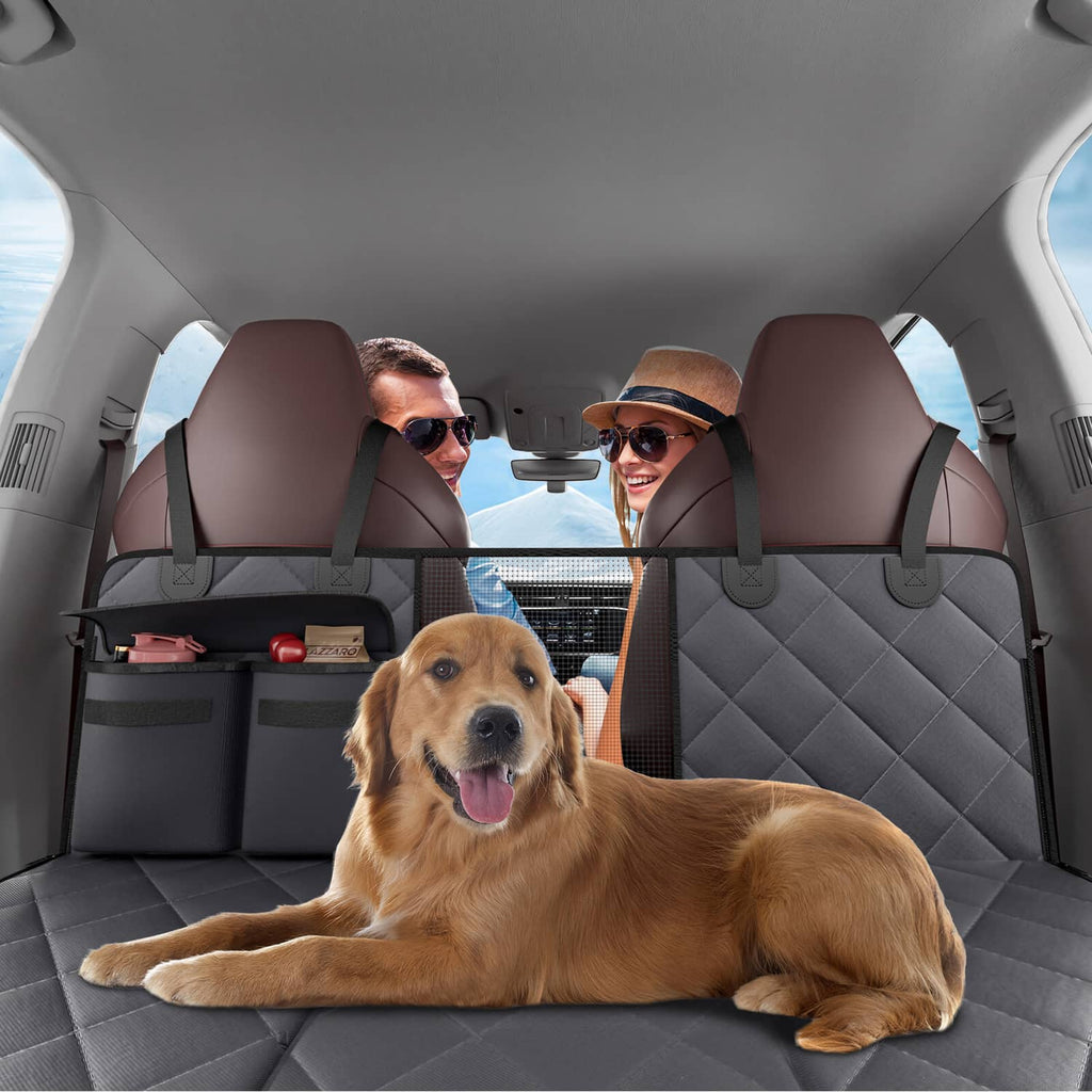Quilted dark gray dog car seat cover with side flaps for back seat protection