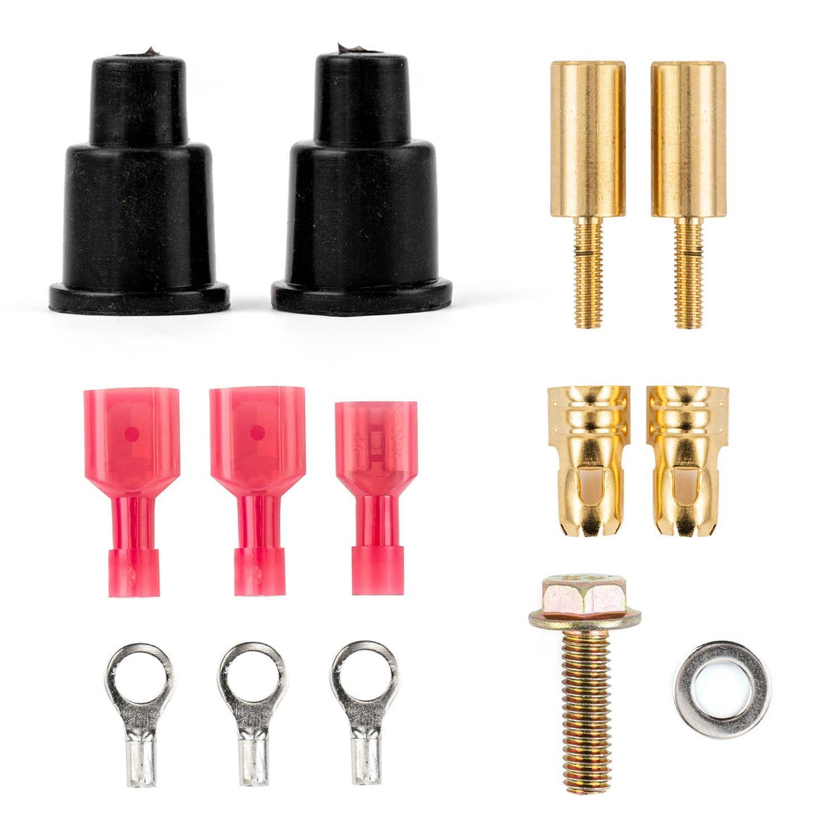 Accessory connectors set with red plastic terminal caps, gold pins, and metal rings