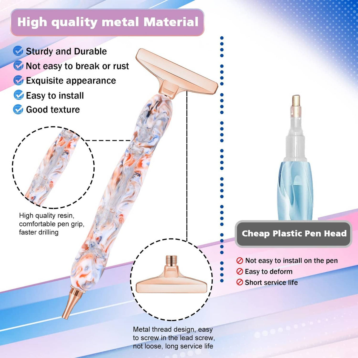 Diamond painting pen with metal screw threads and swirled resin body, rose-gold tip