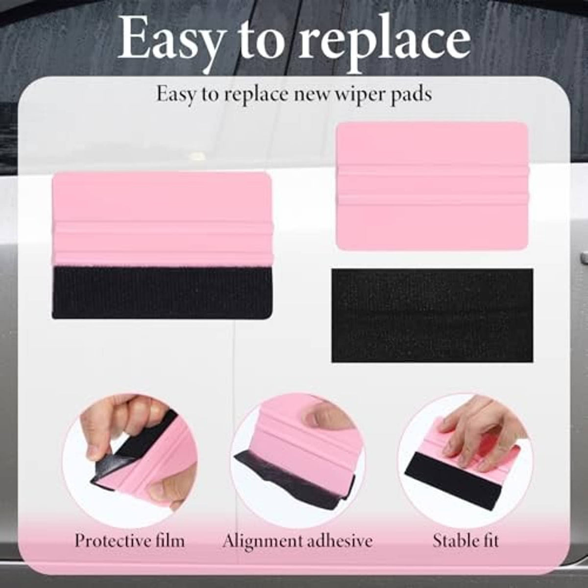 2-pack vinyl scraper pads: pink body with black felt replacement wiper pads