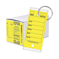 Laminated yellow vehicle key tag with hanging hole and metal key ring loop