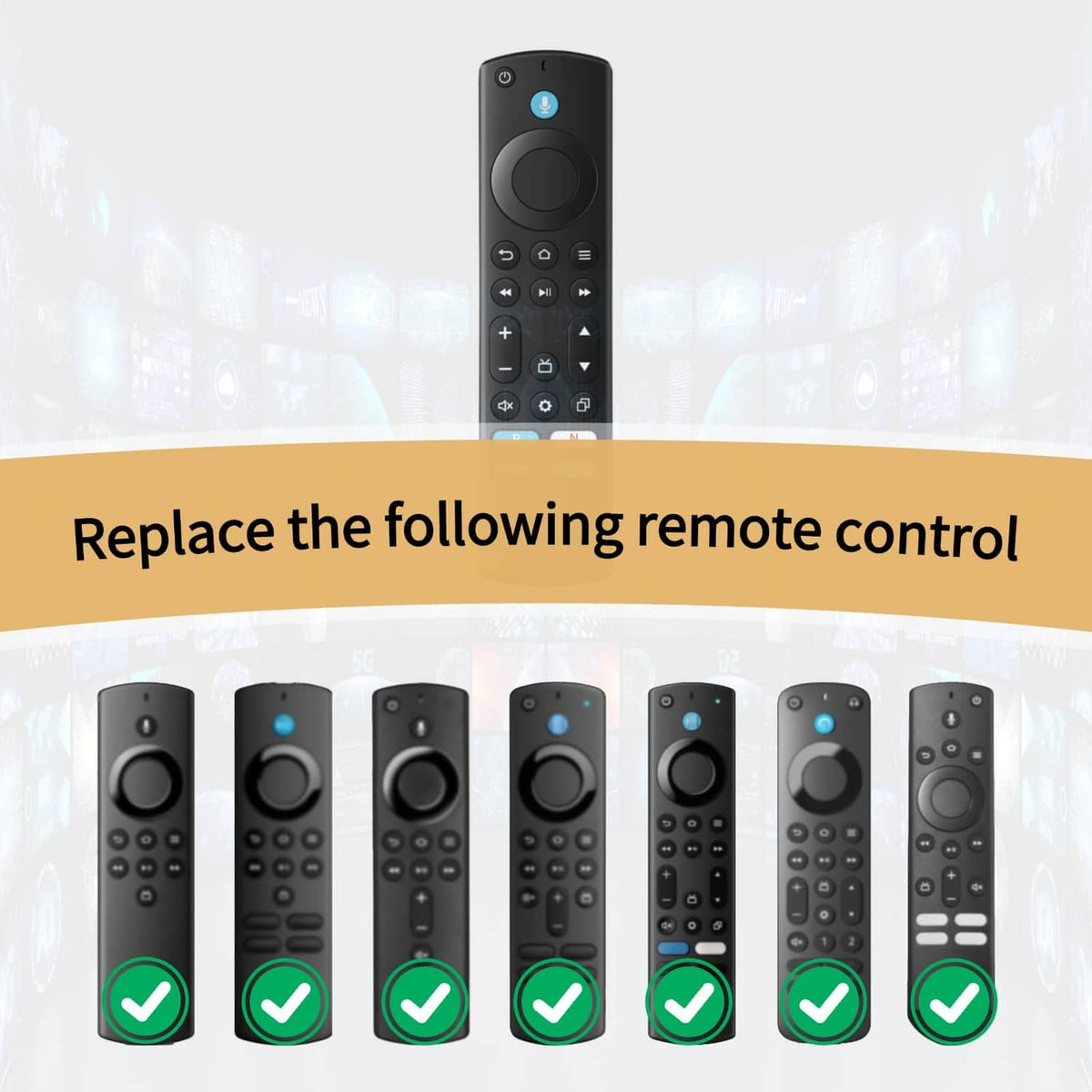 Set of replacement TV remotes shown with green check marks