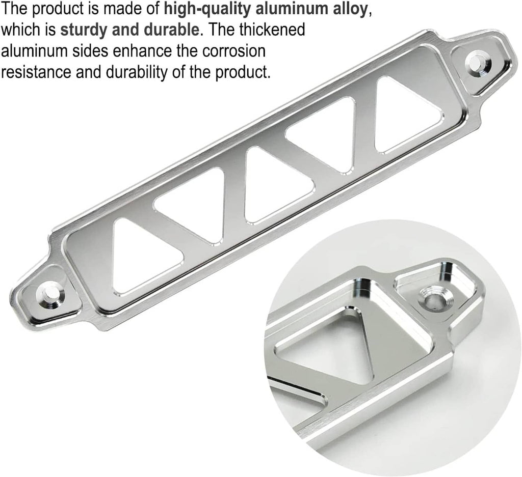 Silver aluminum battery bracket with triangular cutouts and two end mounting holes