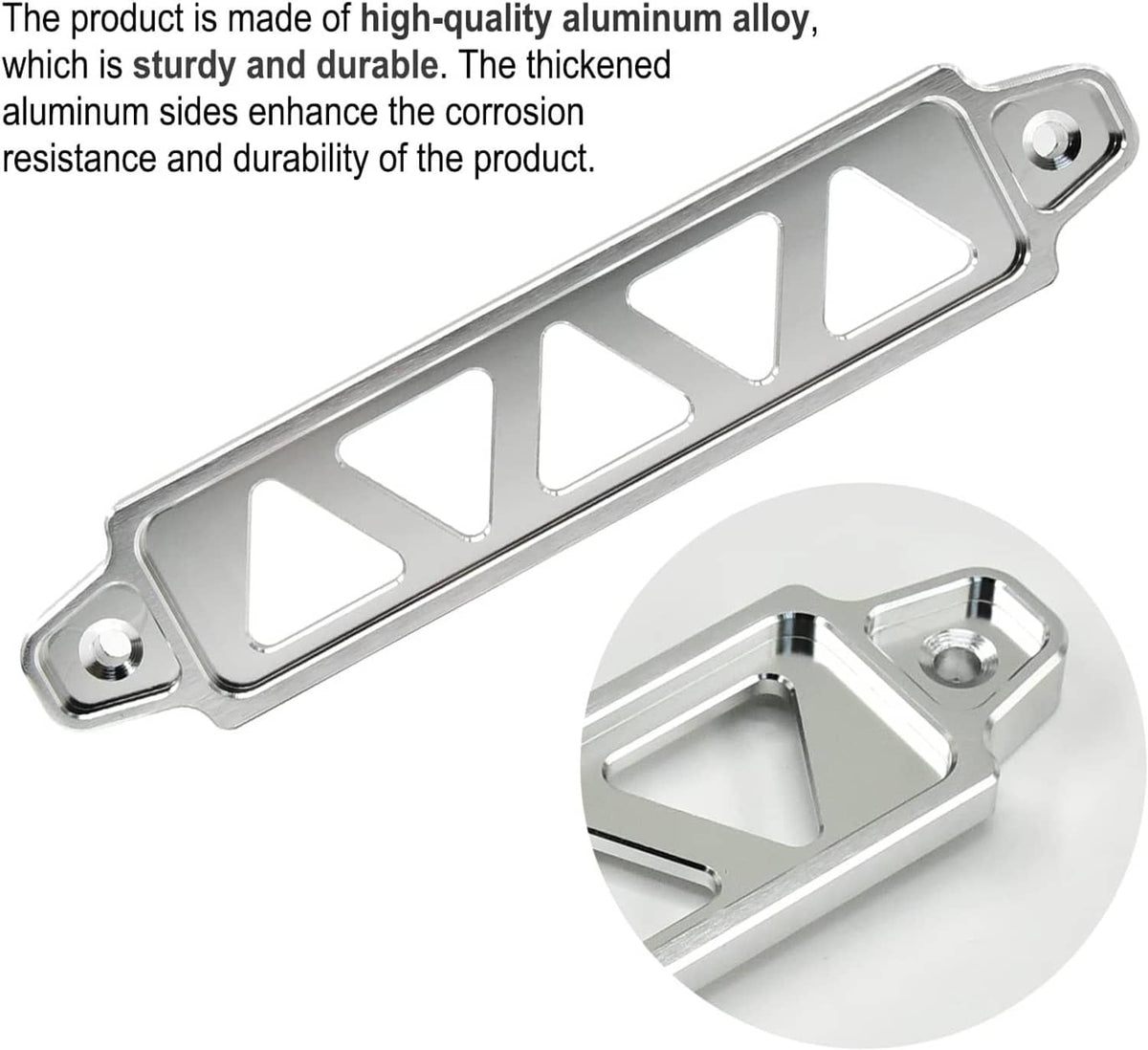 Silver aluminum battery bracket with triangular cutouts and two end mounting holes