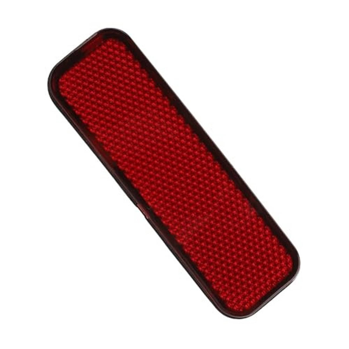 Red rear bumper reflector lens with dark border, angled rectangular design with rounded corners