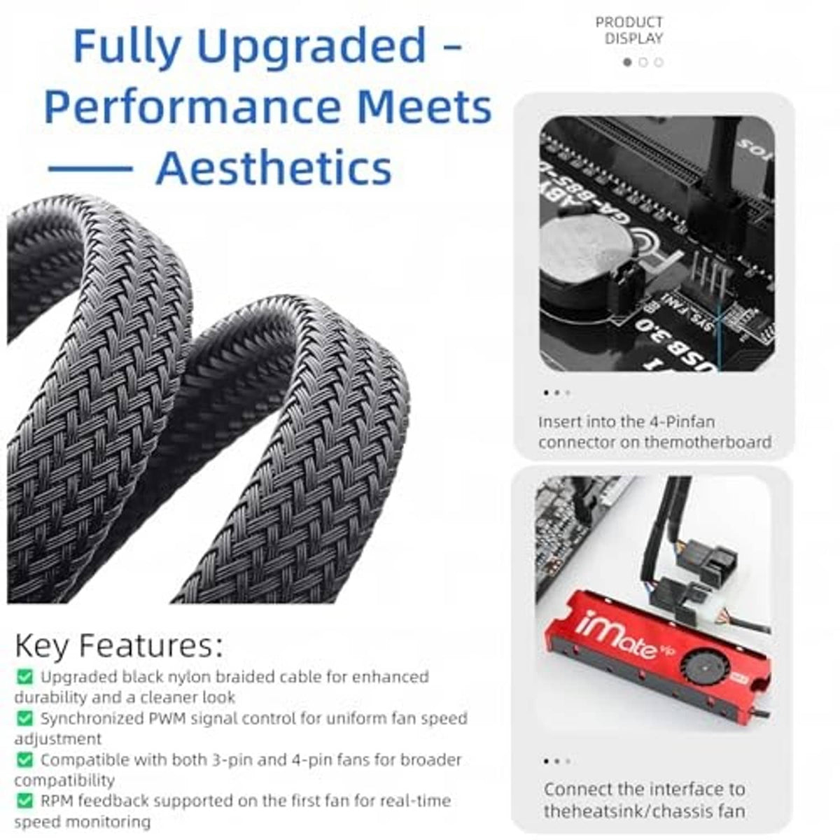 Braided black 4-pin PWM fan splitter cable section with molded connector ends