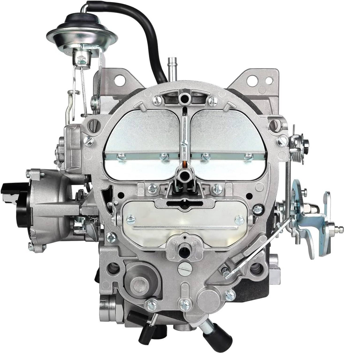 Front view of silver carburetor with air horn and two large circular air chambers