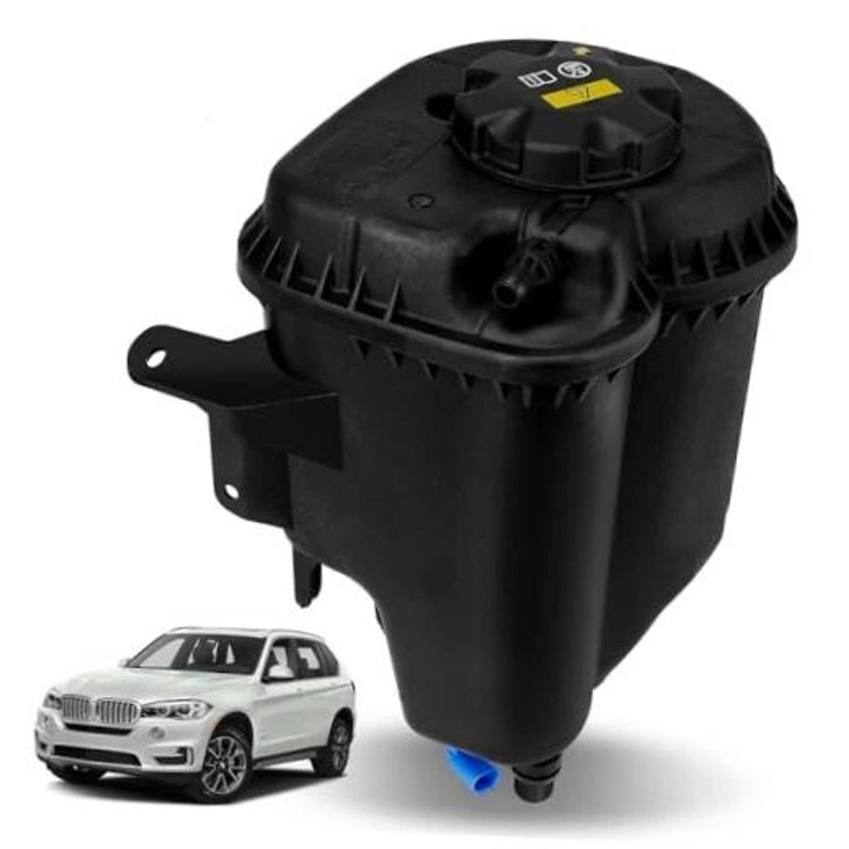 Black engine coolant reservoir tank with cap, sensor top, and side mounting bracket