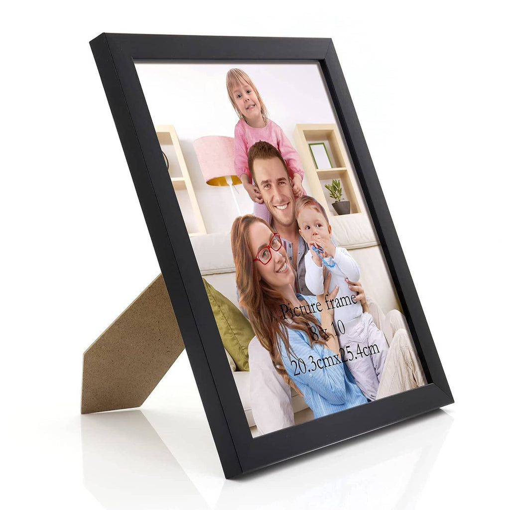 Black 8x10 picture frame with stand, holding a family photo