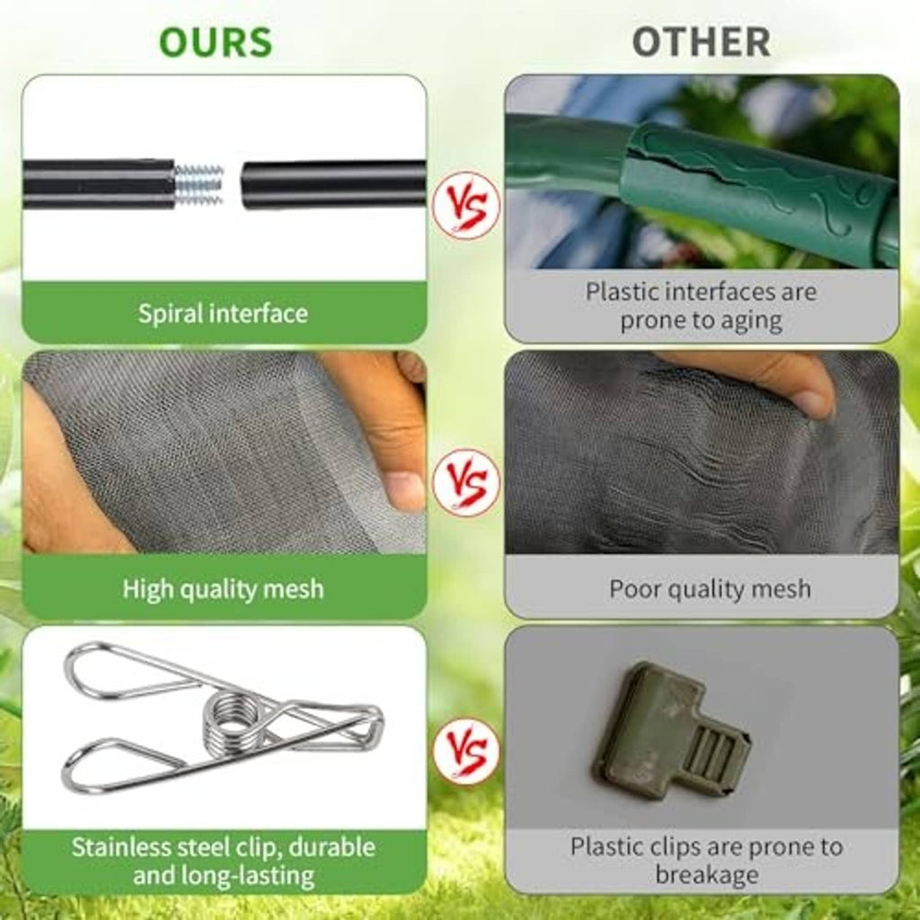 Netting kit comparison: spiral metal interface, fine mesh, and steel clips