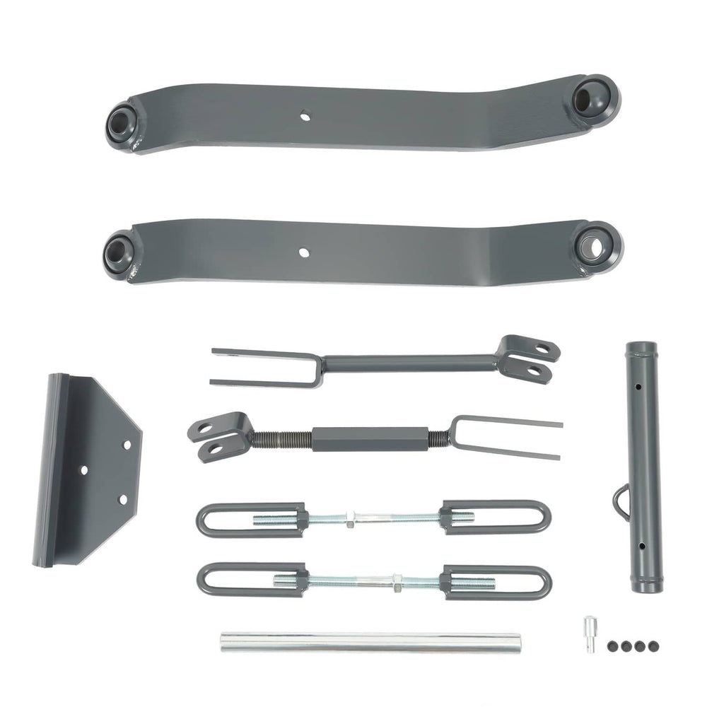 3-point hitch kit parts: curved arms, pins, and assorted mounting hardware pieces
