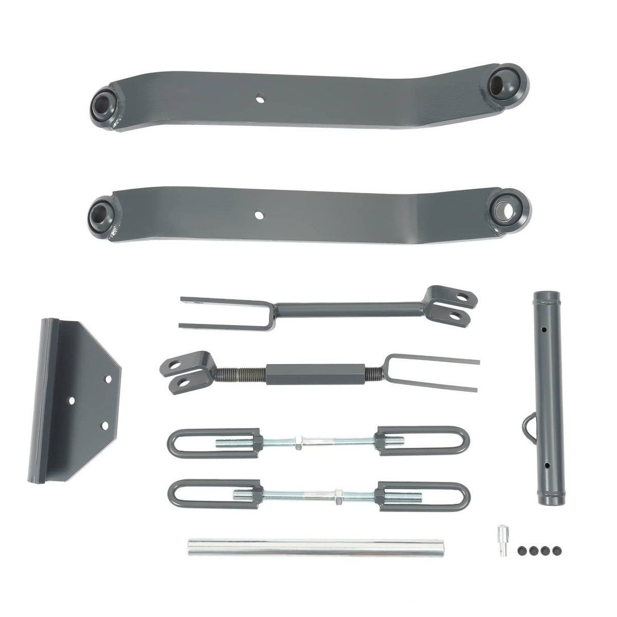 3-point hitch kit parts: curved arms, pins, and assorted mounting hardware pieces
