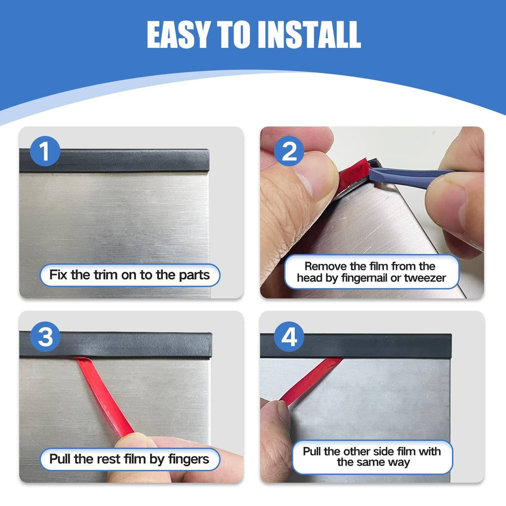 Hands applying black rubber edge trim to a metal edge, pressing adhesive in place