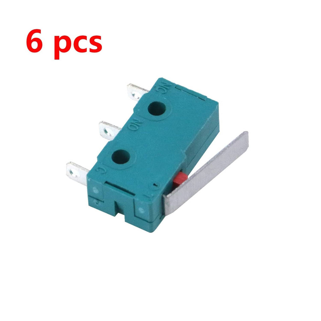 Teal micro limit switch with hinge lever, two mounting holes, three terminals