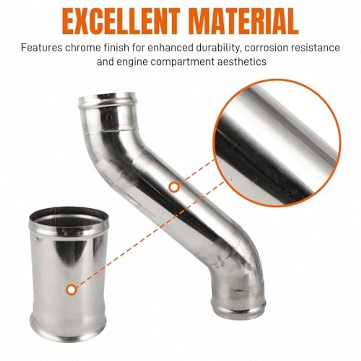 Stainless-silver coolant pipe parts with smooth curved tubing and sleeve.