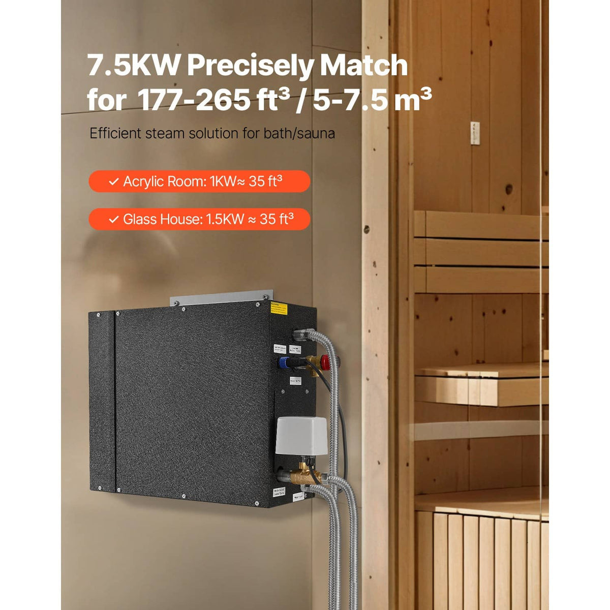 Wall-mounted steam generator controller in a wooden sauna, dark textured metal housing