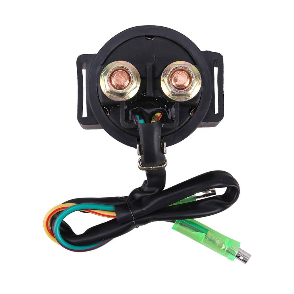 Black circular relay solenoid with two bolts and green wire connector
