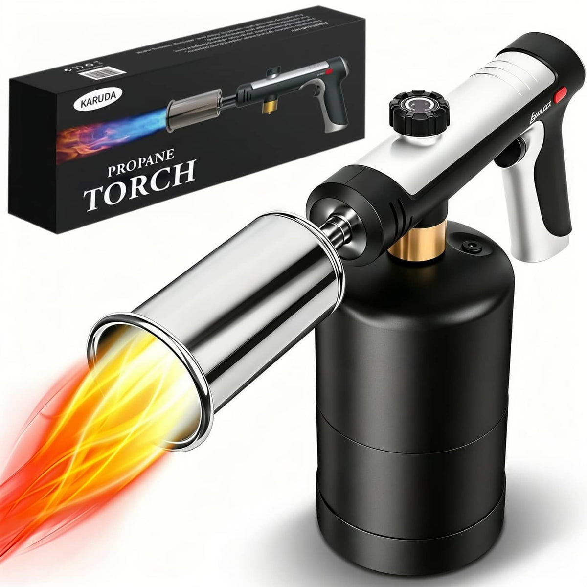 Black and silver propane torch gun with metal nozzle and trigger handle