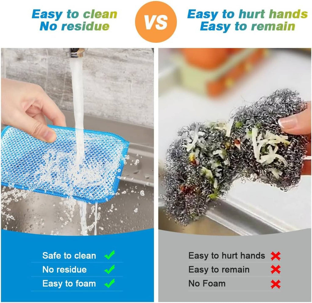 Blue wire dishwashing rag for non-scratch scrubbing under running water