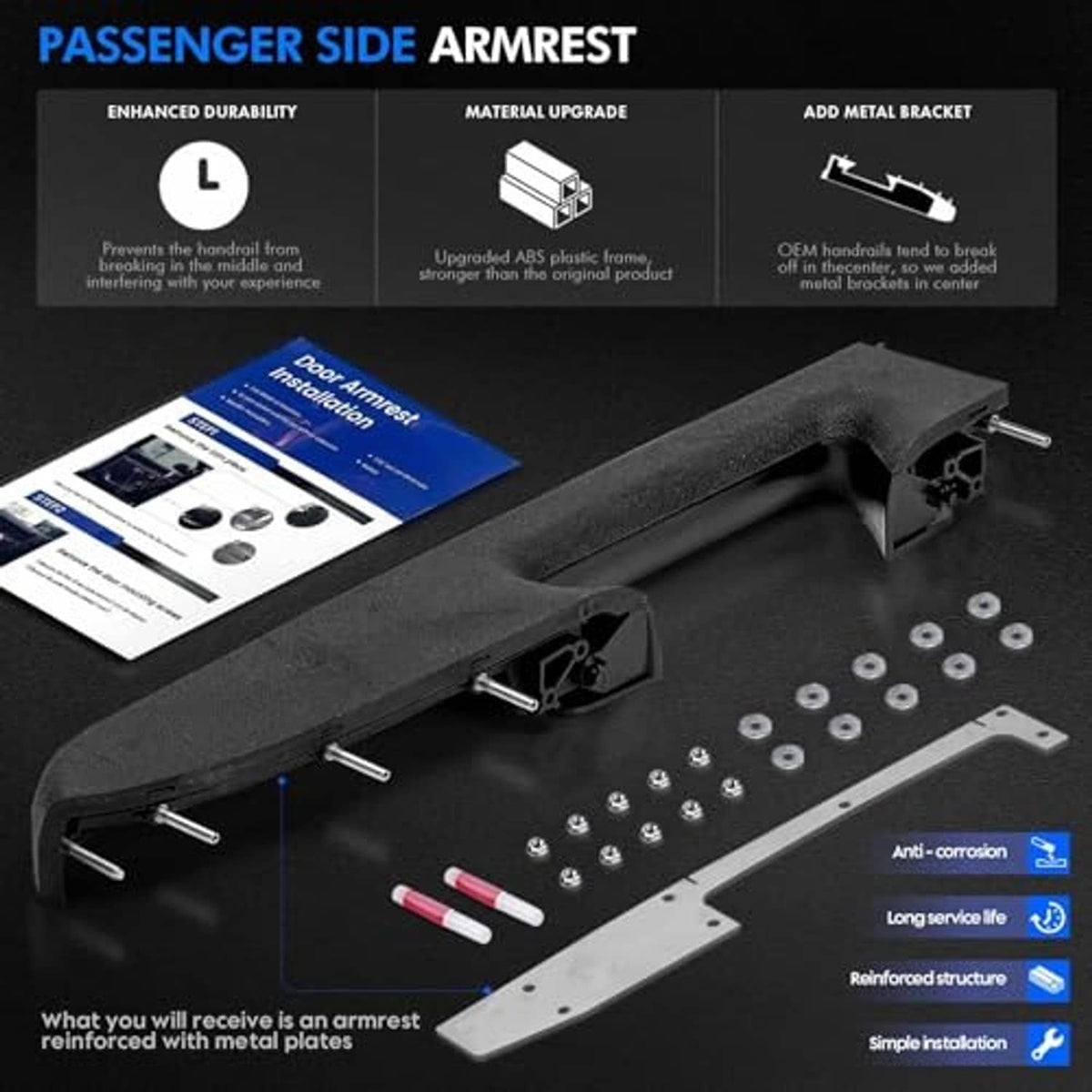 Passenger-side black armrest repair kit with bracket, screws, washers, and instruction sheet
