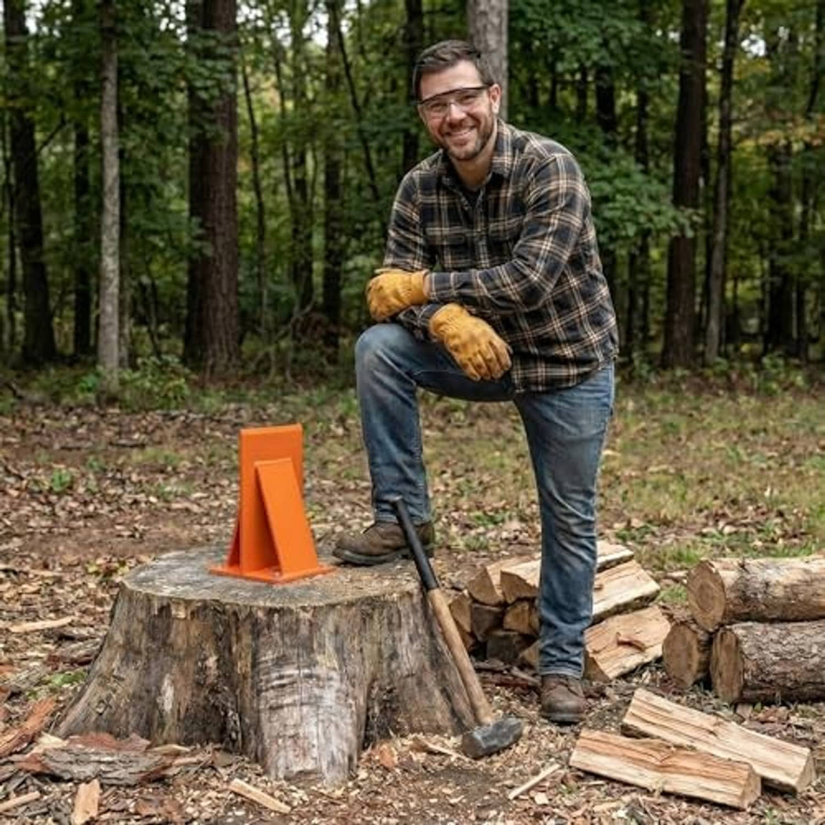 Orange firewood kindling splitter stand on a stump outdoors