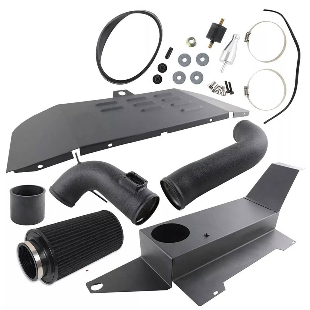 Cold air intake kit components shown together: black filter, hoses, metal airbox, shields.
