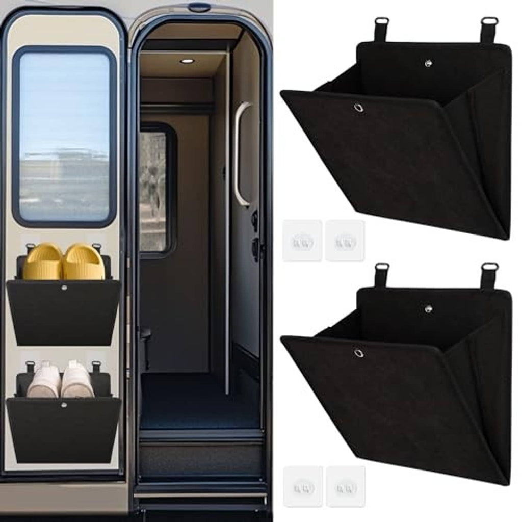Pack of two black foldable wall shoe racks with fabric pockets and top hanging loops