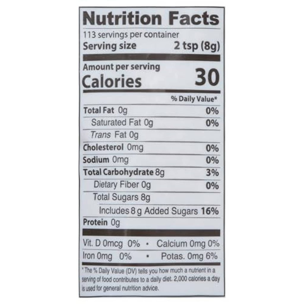 Nutrition Facts for demerara cane sugar: 30 calories per serving