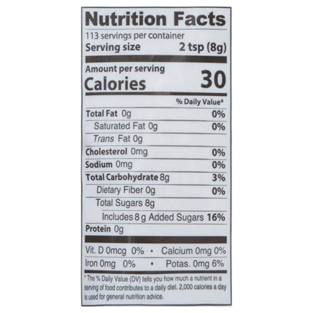 Nutrition Facts for demerara cane sugar: 30 calories per serving