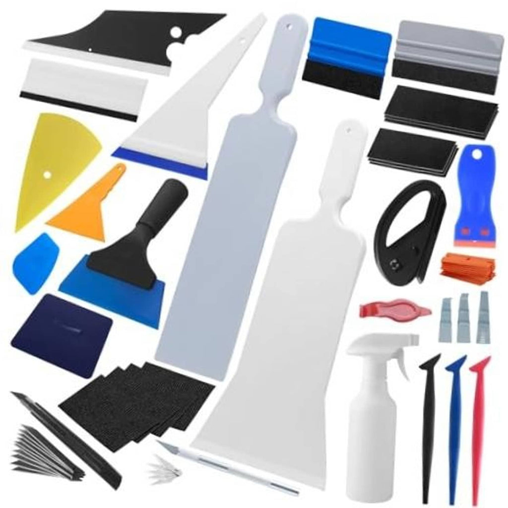 Car window tint and vinyl wrap tool kit with squeegees, blades, scrapers, and accessories