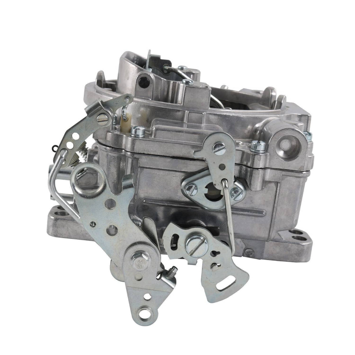 Four-barrel carburetor rear-side view with metal brackets and linkage