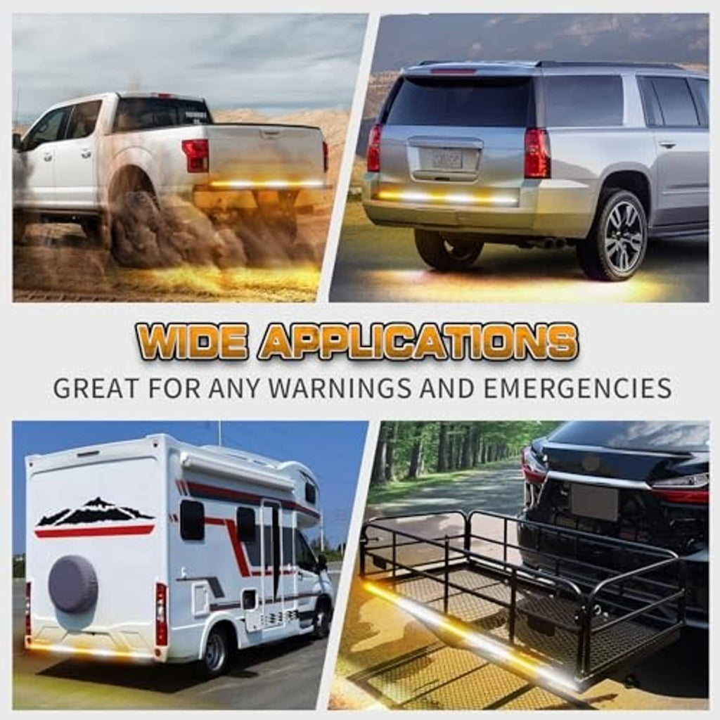Amber/white strobe light bar mounted on trucks and utility vehicles for rear warnings