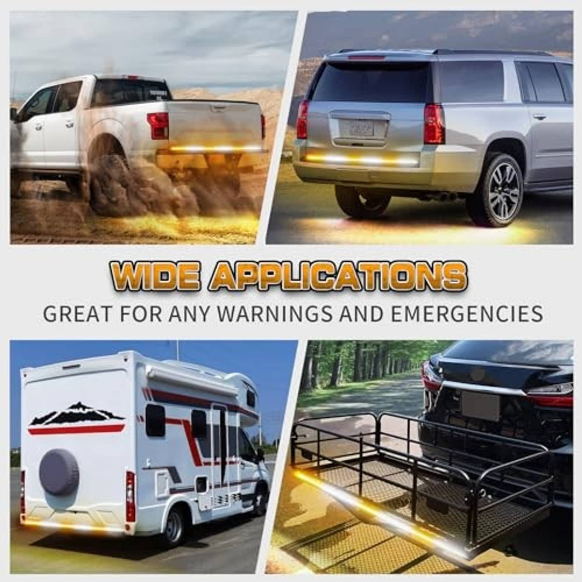 Amber/white strobe light bar mounted on trucks and utility vehicles for rear warnings