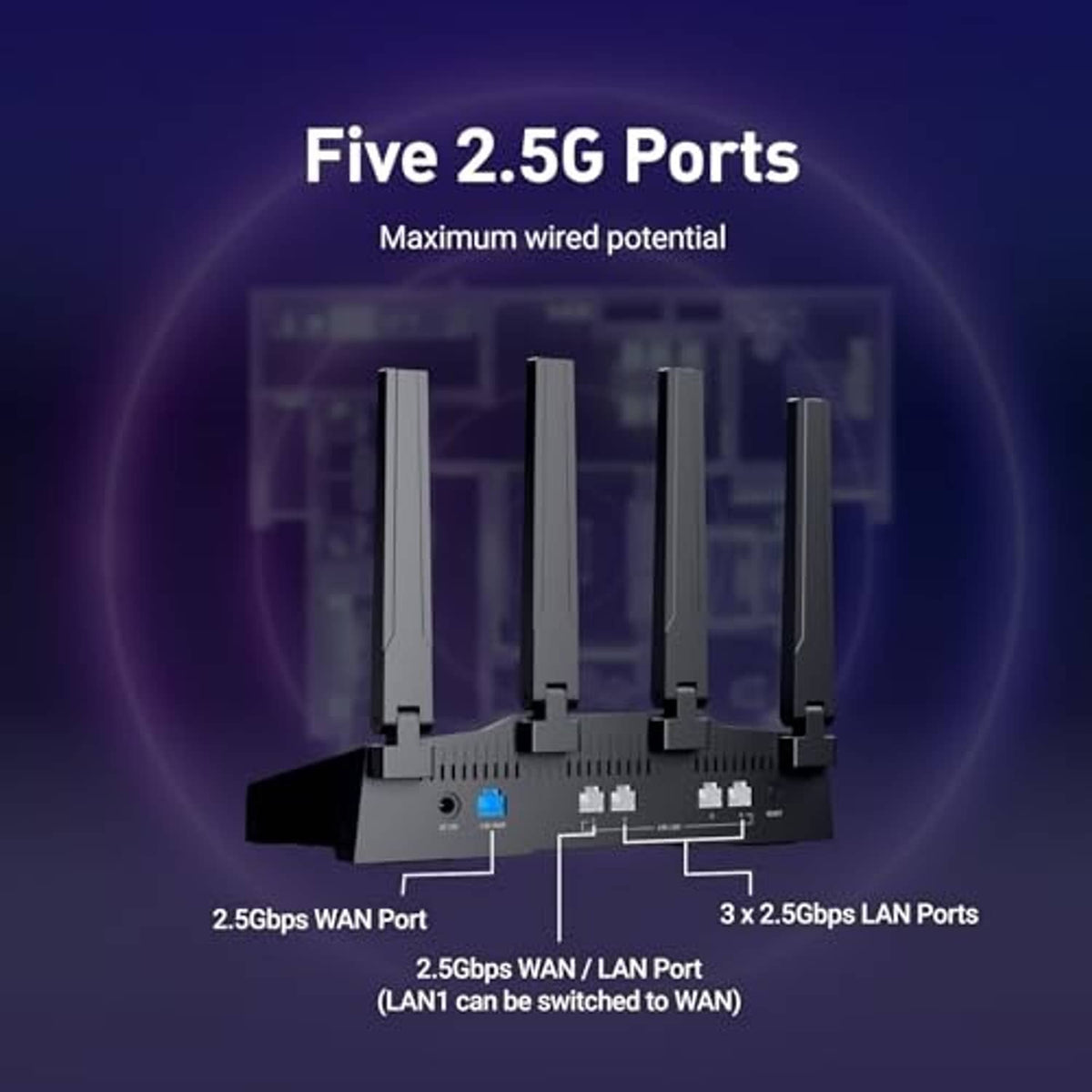 WiFi 7 home router with five 2.5G ports diagram and four antennas